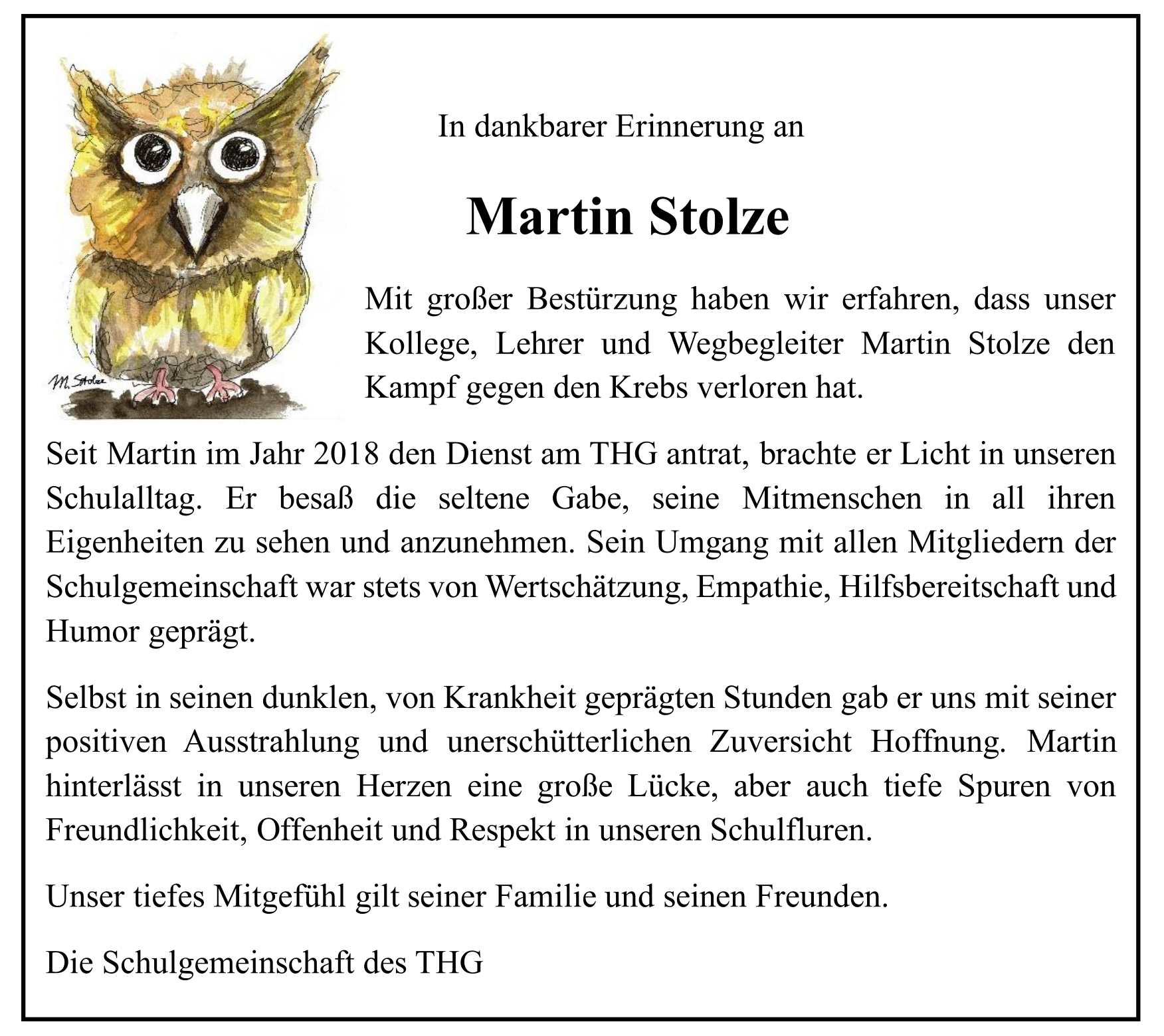 Nachruf Martin Stolze